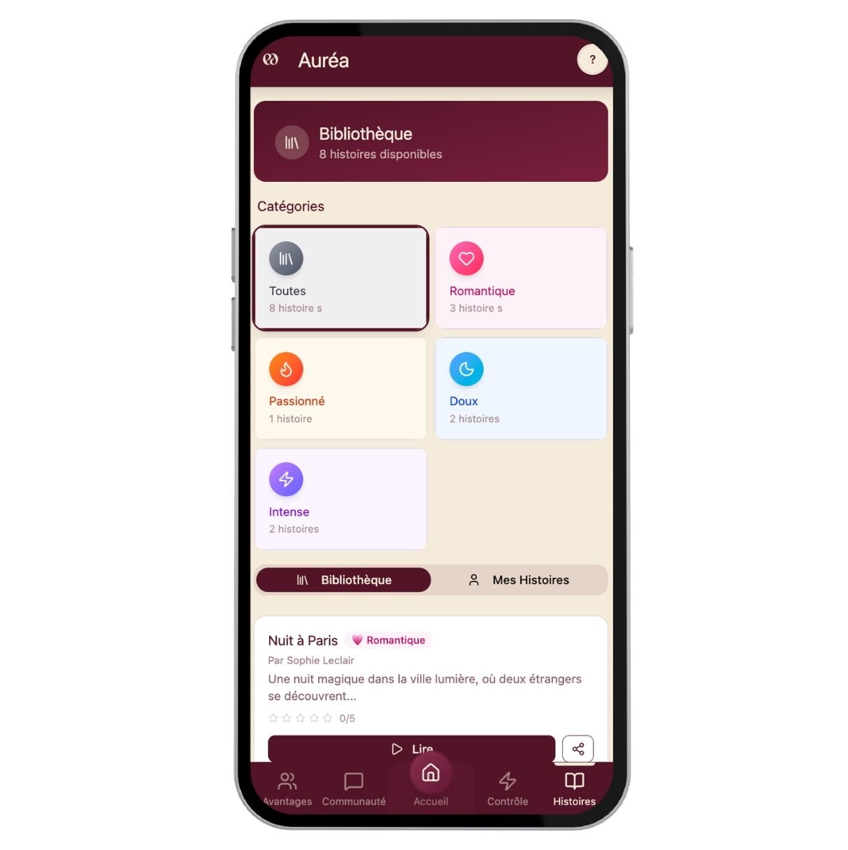 App Auréa — Histoires